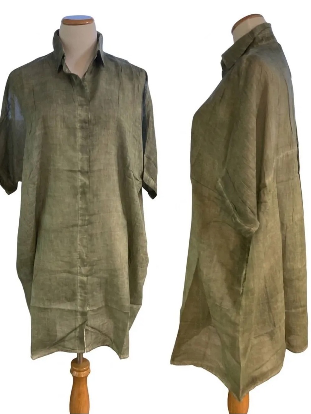 Relaxed Olive Green Linen Shirt Dress One Size